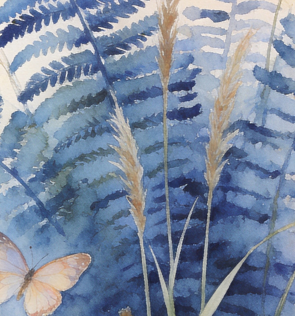 Détail de « Herbier à l’aquarelle » : les fougères bleues et un papillon