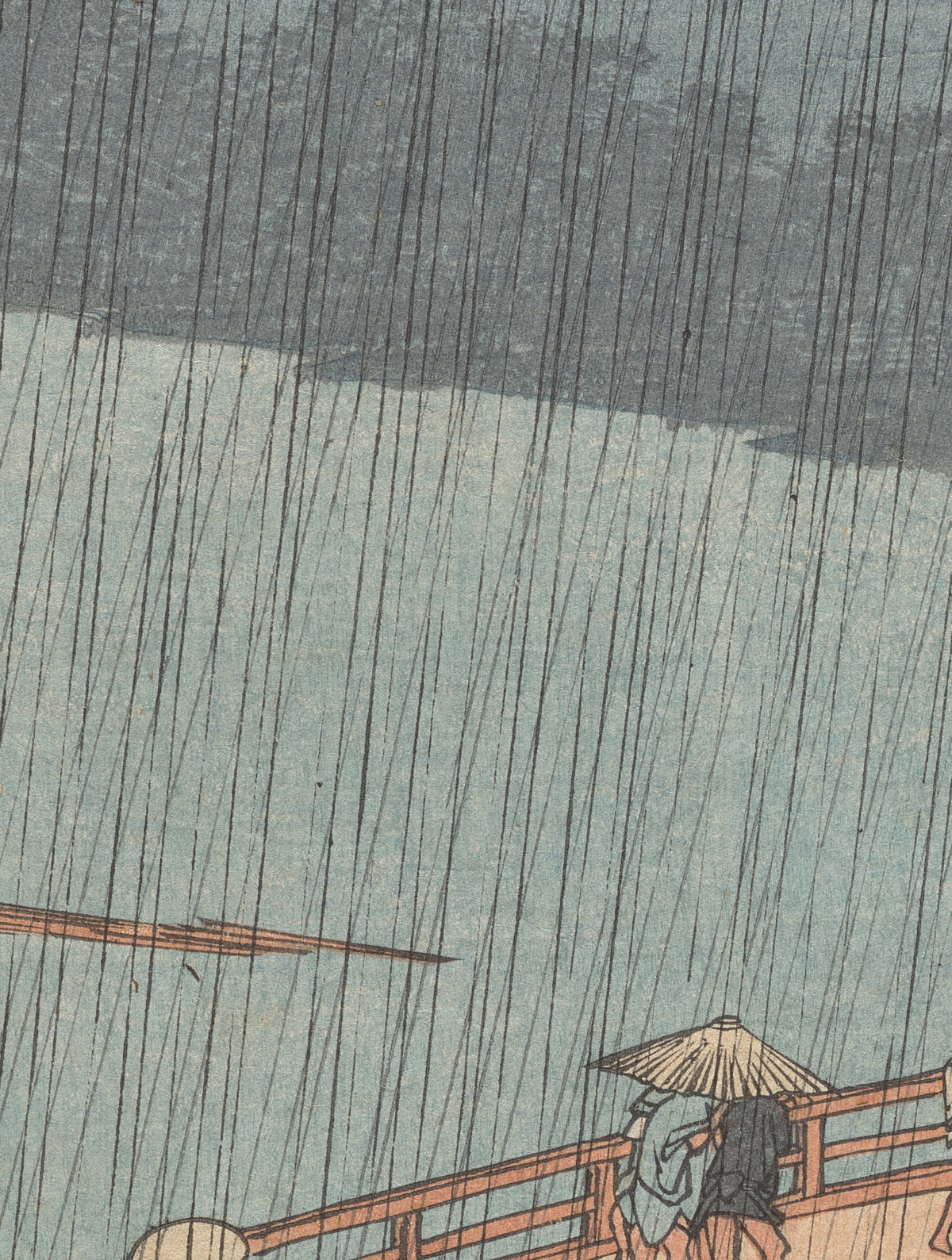 Détail d'Averse sur le pont Shin-Ōhashi à Atake (Hiroshige) : pluie sur le fleuve, bout du radeau, passants sous un chapeau