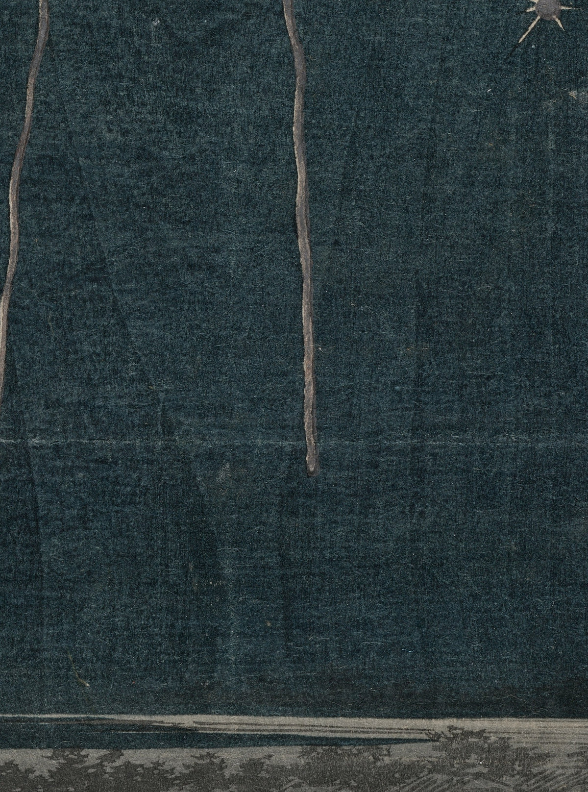 Détail de Feux d'artifice sur le pont Ryogoku (Hiroshige) : traînées lumineuses et étincelles dans la nuit, rive sombre