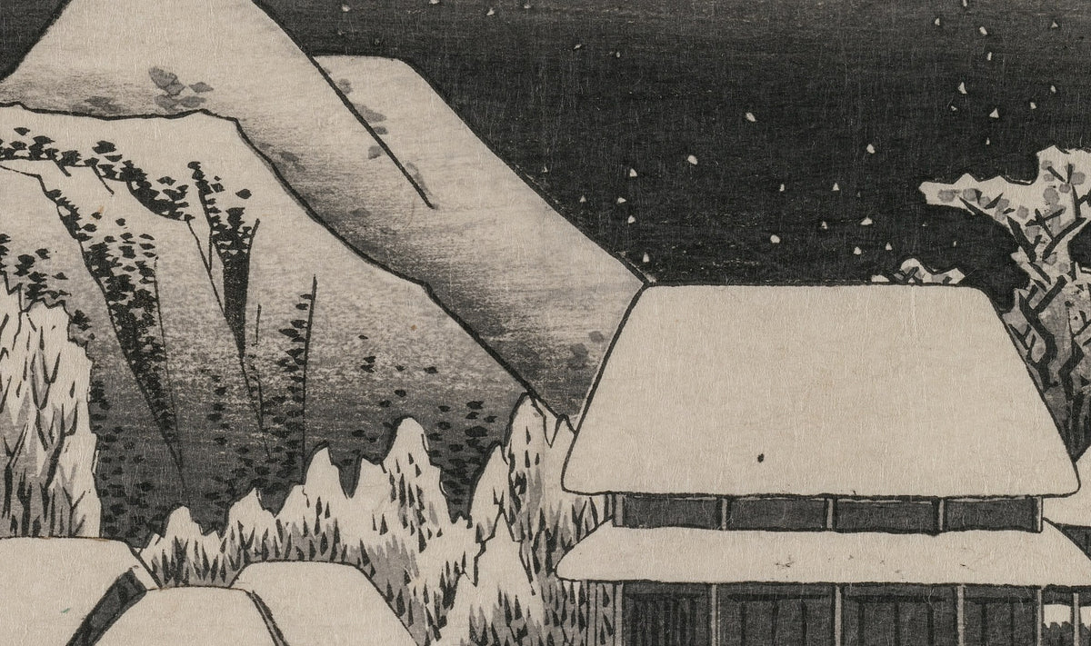Détail de Nuit de neige à Kambara (Hiroshige) : pentes et toits sous la neige, arbres sombres, flocons sur le ciel de nuit