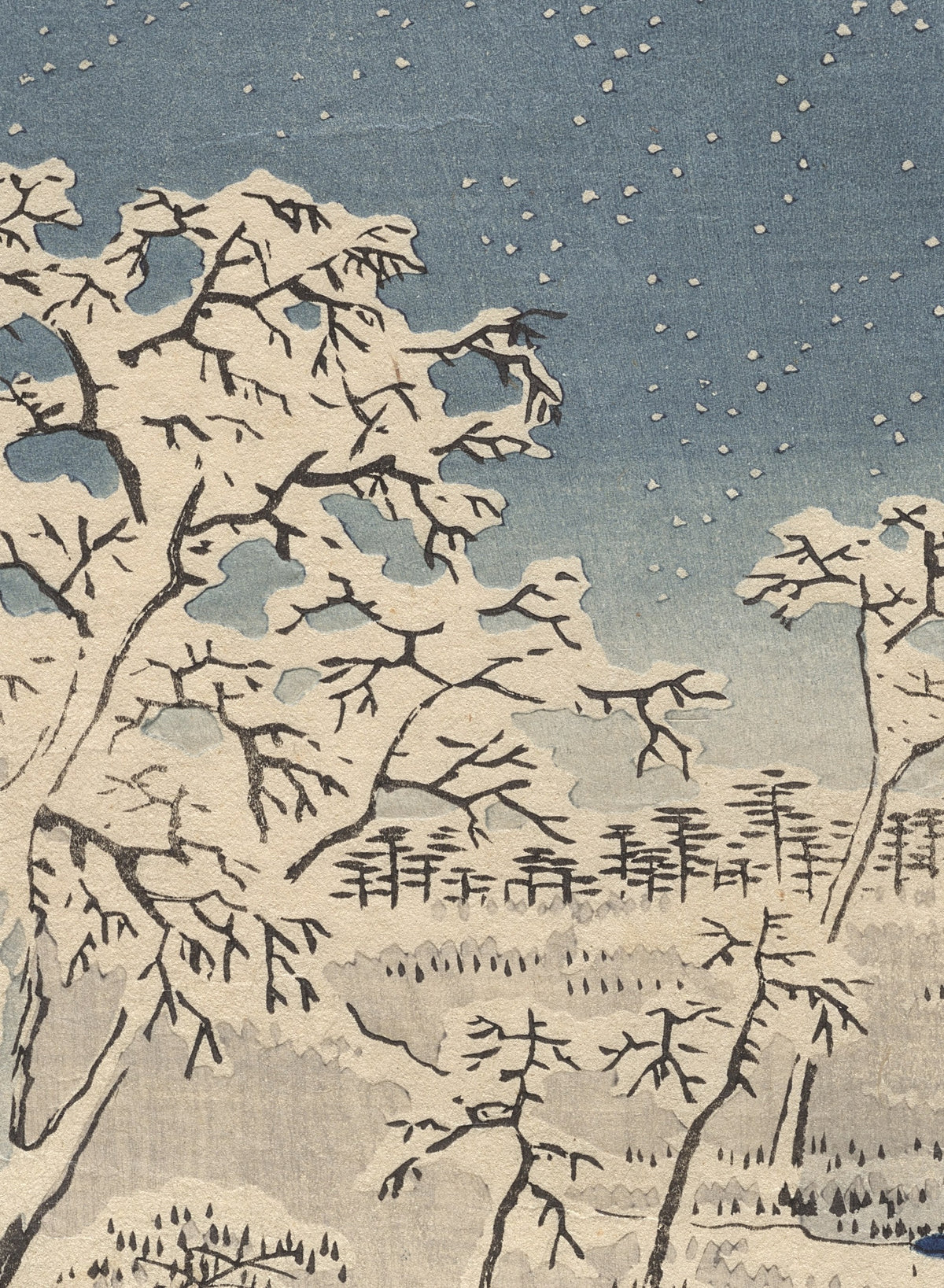 Détail du Pont-tambour de Meguro (Hiroshige) : arbres chargés de neige, flocons sur le ciel gris-bleu, champs enneigés