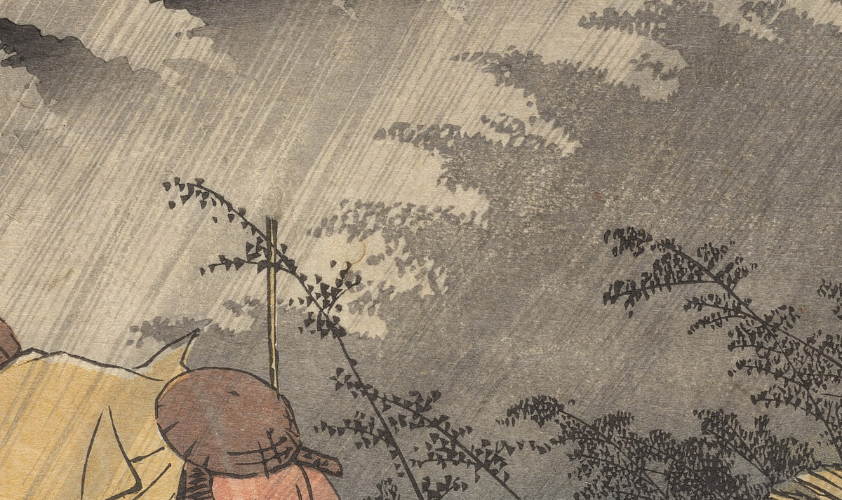 Détail de Shōno, l'averse (Hiroshige) : pluie oblique, bambous en silhouettes grises et chapeau rond d'un porteur