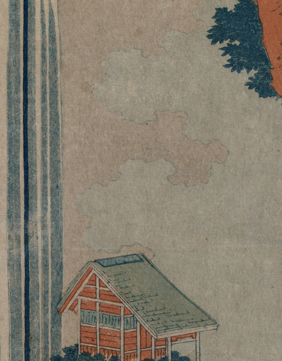Détail de la Cascade d'Ono sur le Kisokaidō (Hokusai) : filets bleus de la cascade, brume et pavillon aux murs rouges