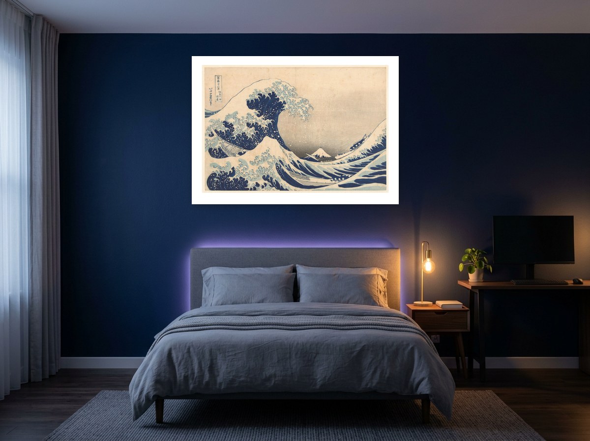 Mise en situation : affiche La Grande Vague de Kanagawa au mur bleu nuit d'une chambre, au-dessus d'un lit au linge gris-bleu