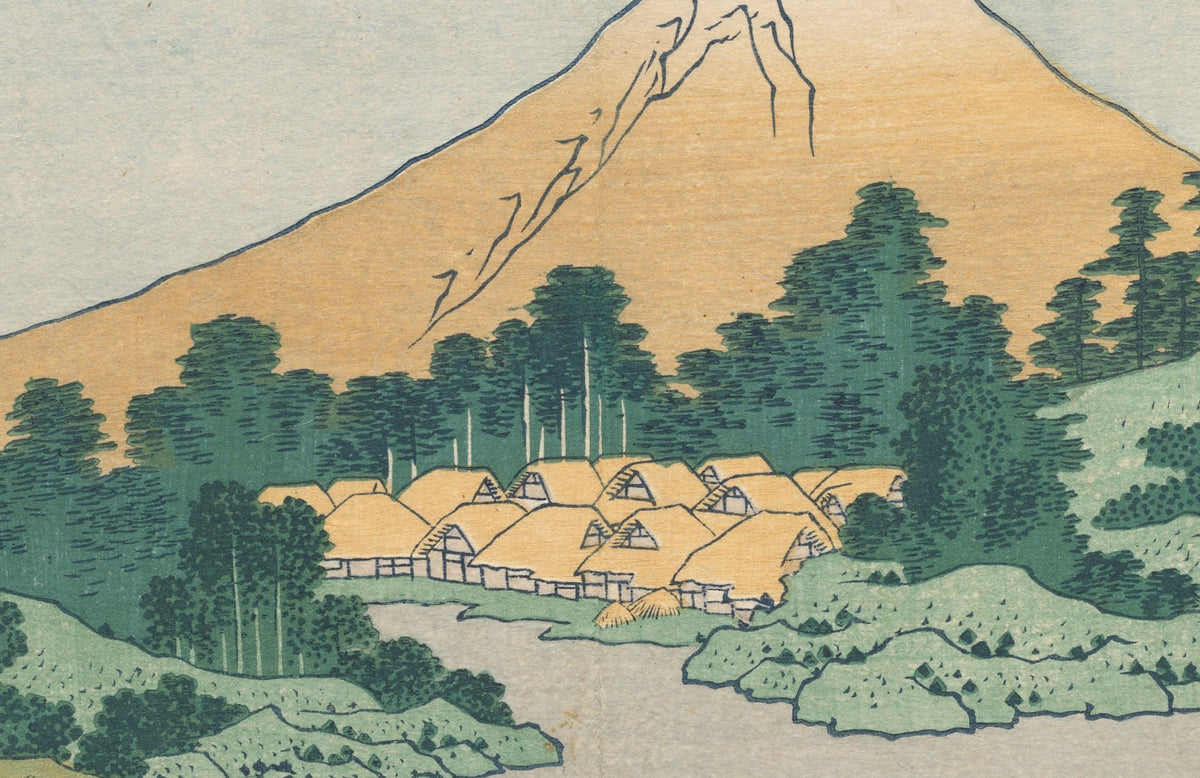 Détail de Reflet du mont Fuji dans le lac Kawaguchi (Hokusai) : village aux toits de chaume sous les pentes ocre du Fuji