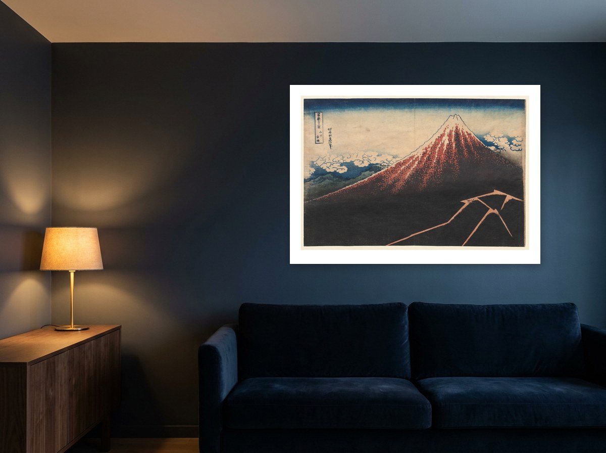 Mise en situation : affiche L'Orage sous le sommet au mur bleu nuit d'un salon, au-dessus d'un canapé en velours bleu marine