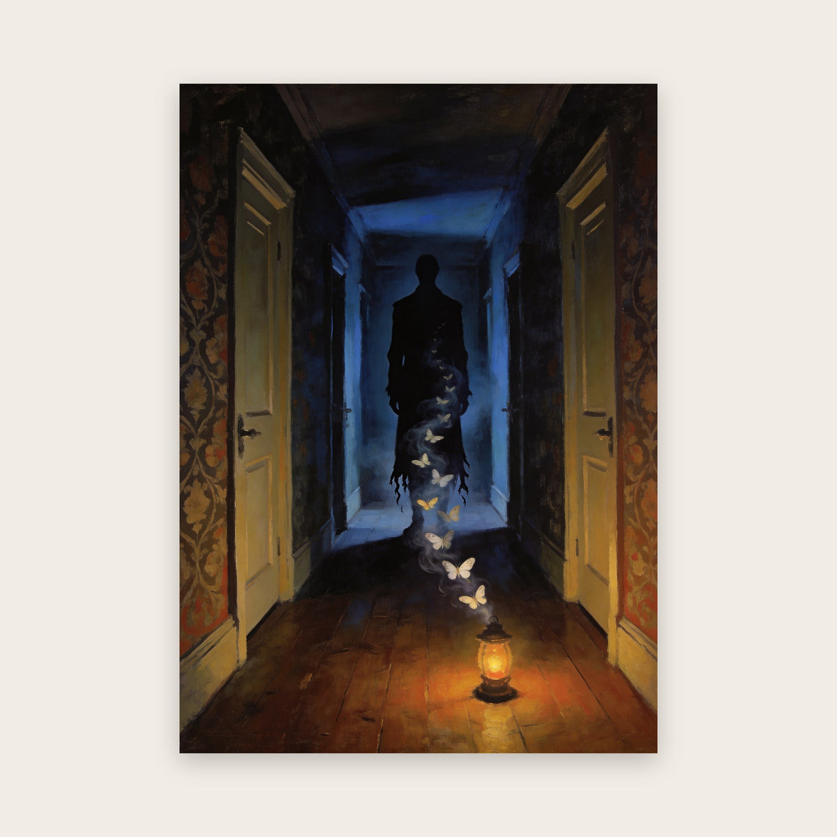Tableau Halloween : silhouette d’ombre sans visage au bout d’un couloir sombre, nuée de papillons de nuit qui descend vers une lanterne posée au sol