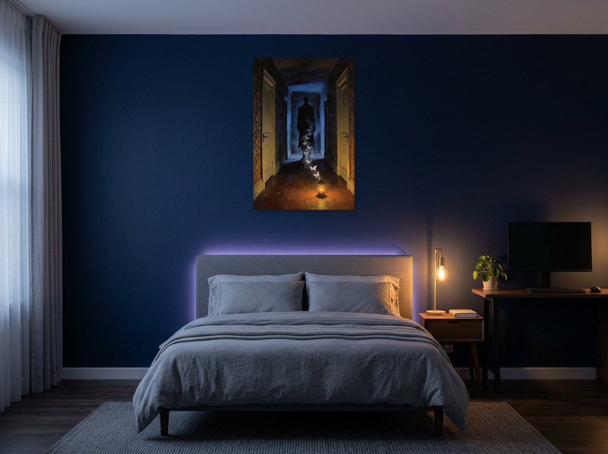 Mise en situation : toile « L’Homme des cauchemars » au-dessus d'un lit aux draps gris, sur le mur bleu nuit d'une chambre éclairée par une lampe de chevet