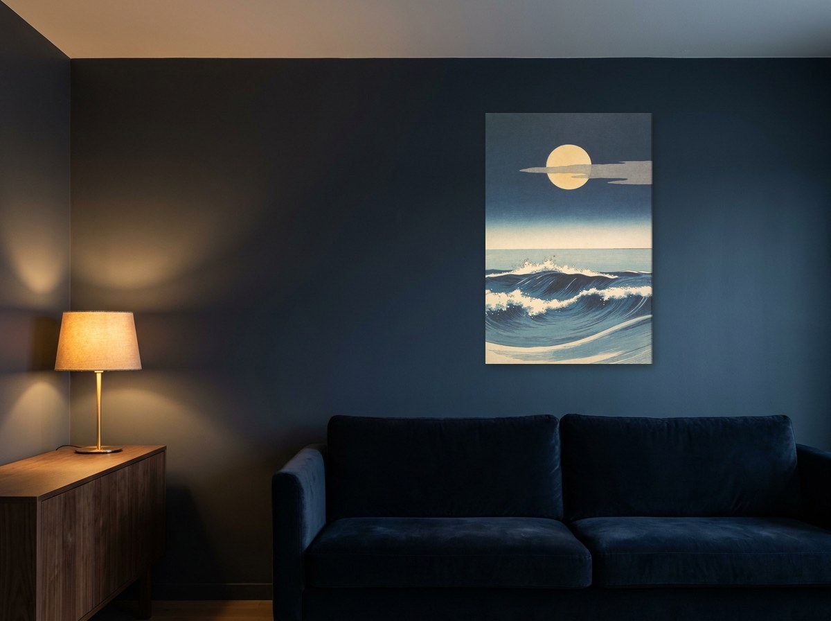 Mise en situation : toile « Houle sous la lune, estampe » au-dessus d'un canapé en velours bleu marine, sur un mur bleu nuit éclairé par une lampe