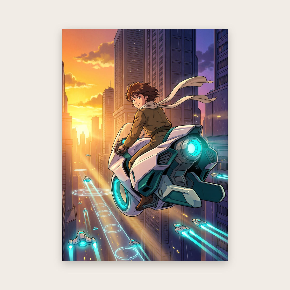 Tableau style manga : jeune pilote sur moto volante blanche et sarcelle dans un canyon de tours au soleil couchant