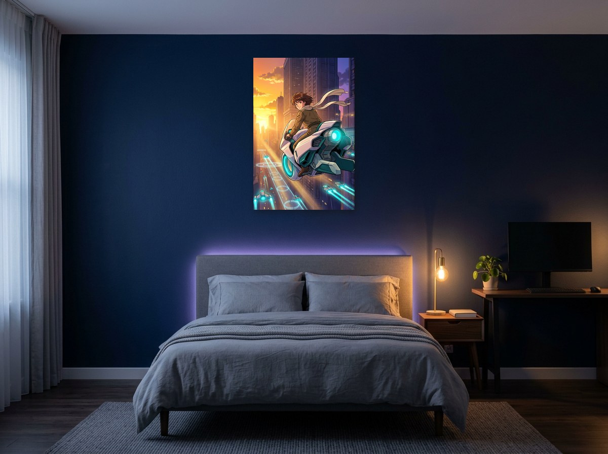 Mise en situation murale de l'œuvre Hover Lane — Neon Pulse 24 : pilote sur moto volante dans un canyon de tours au crépuscule