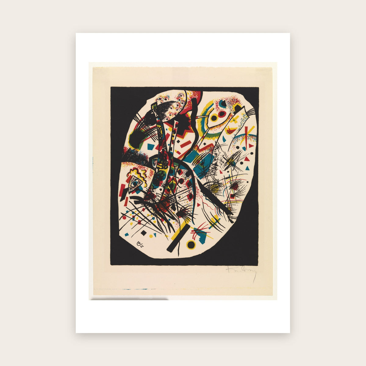 Affiche Petits Mondes III d'après Kandinsky : ovale clair sur fond noir, formes colorées, traits noirs, marge blanche
