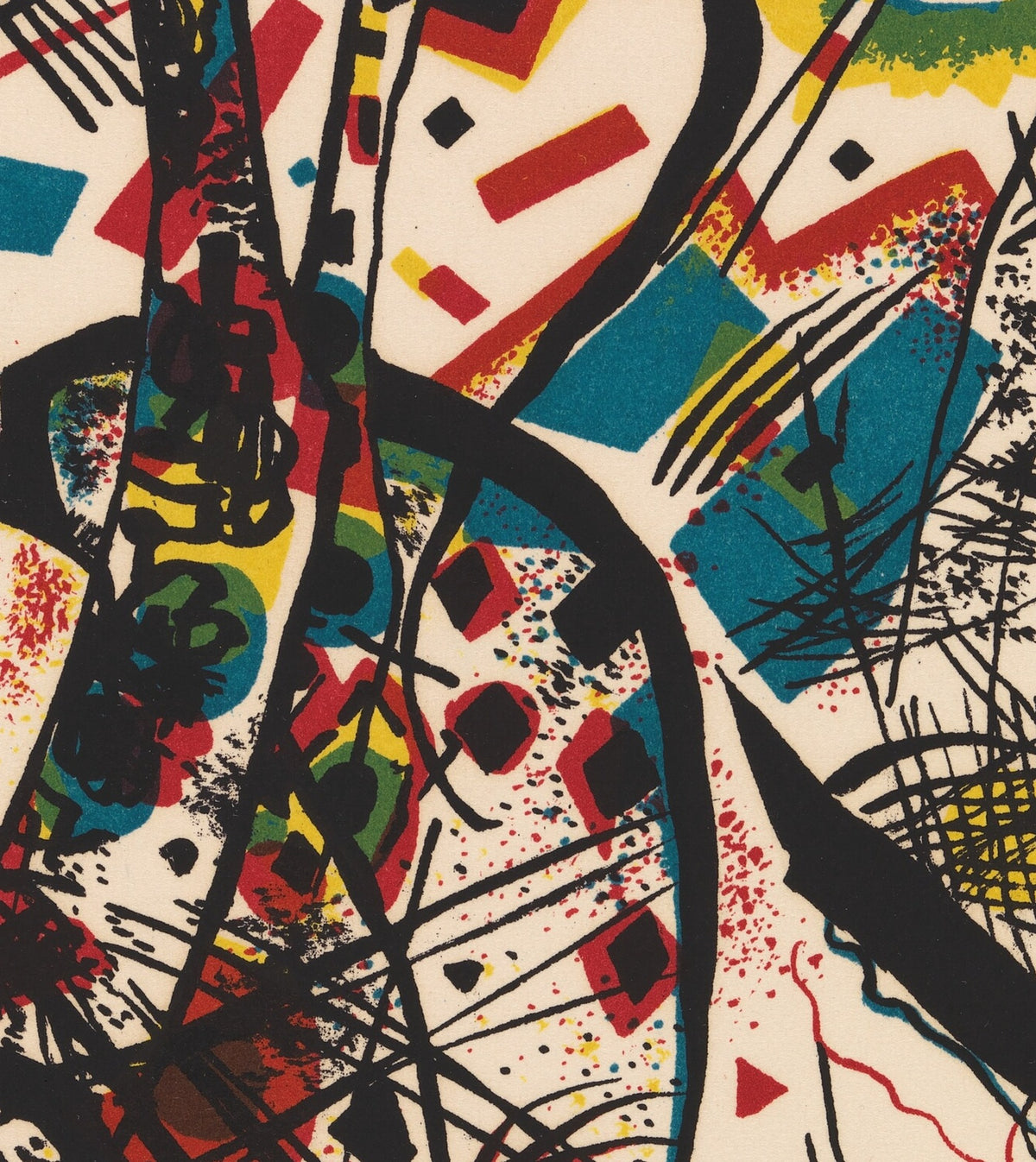 Détail de Petits Mondes III (Kandinsky) : courbes noires épaisses, losanges noirs, aplats rouges, jaunes et bleus, hachures