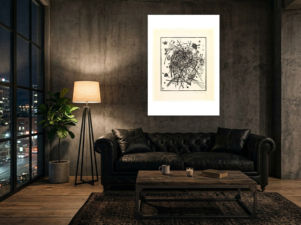 Mise en situation : affiche Petits Mondes VIII au mur de béton d'un loft, au-dessus d'un canapé Chesterfield en cuir noir
