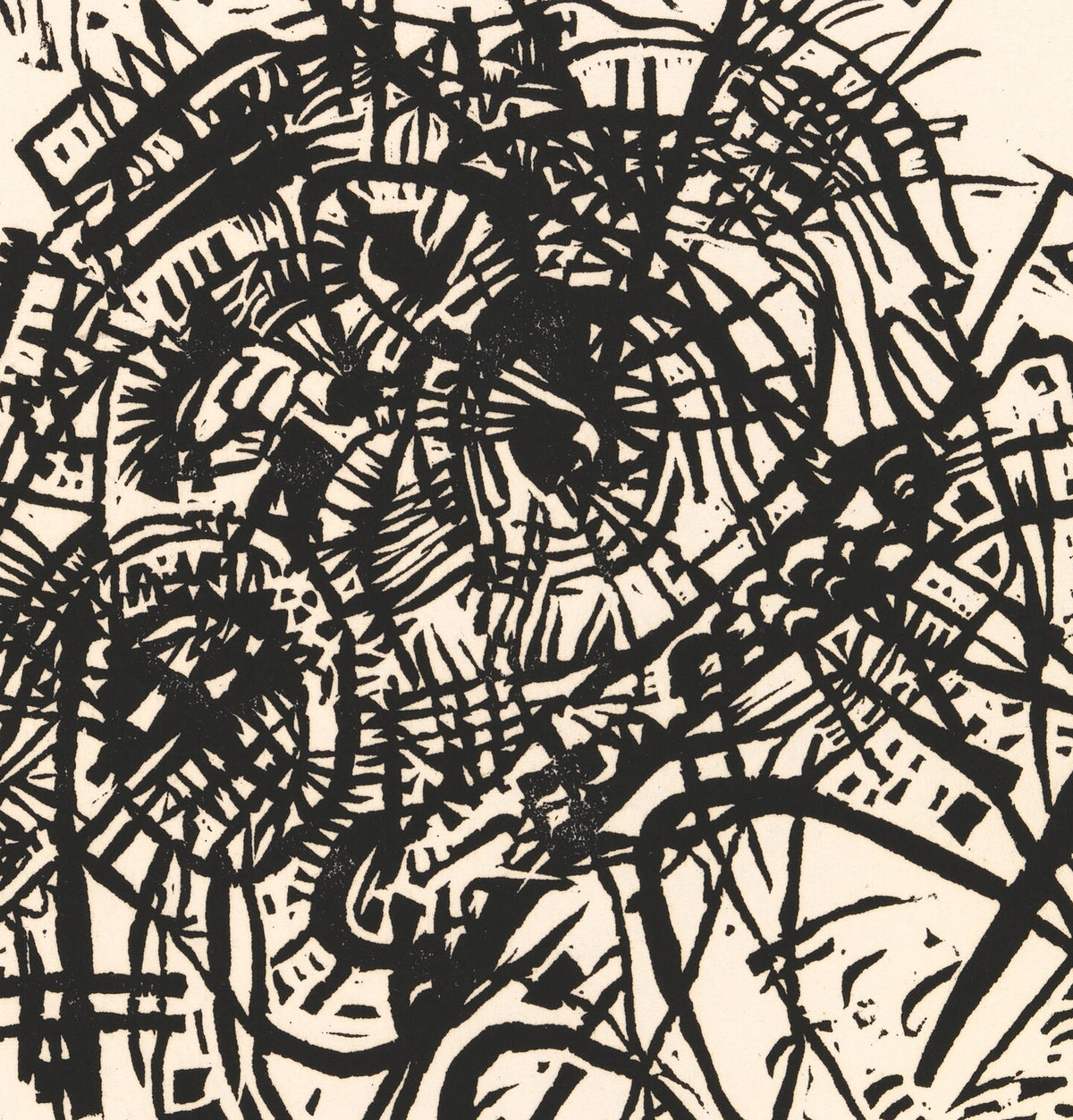 Détail de Petits Mondes VIII (Kandinsky) : enchevêtrement d'arcs, de courbes et de hachures noirs sur papier crème