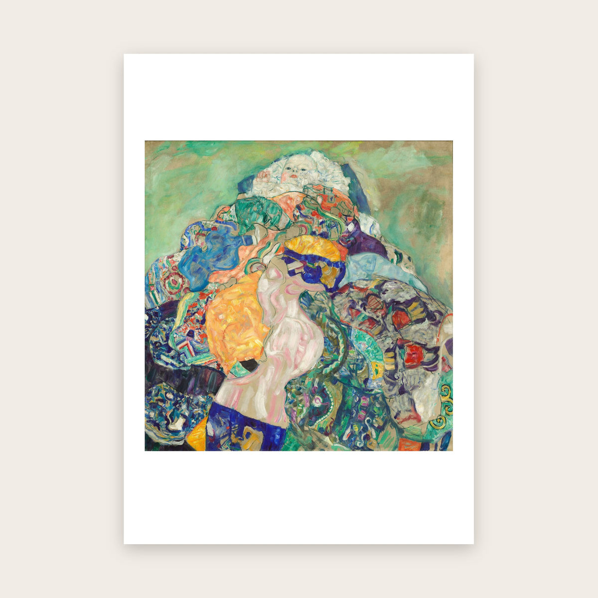 Affiche Le Bébé d'après Klimt : visage de nourrisson au-dessus d'étoffes bariolées, fond vert pâle, marge blanche