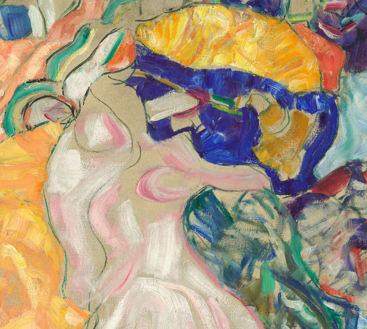 Détail du Bébé (Klimt) : étoffe rose et blanche, bande bleu outremer et jaune d'or en touches libres