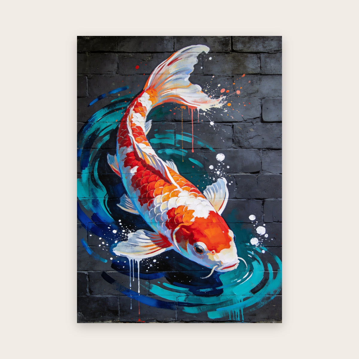 Affiche street art : carpe koï rouge, orange et blanche plongeant entre des remous turquoise et des éclaboussures sur un mur de briques anthracite
