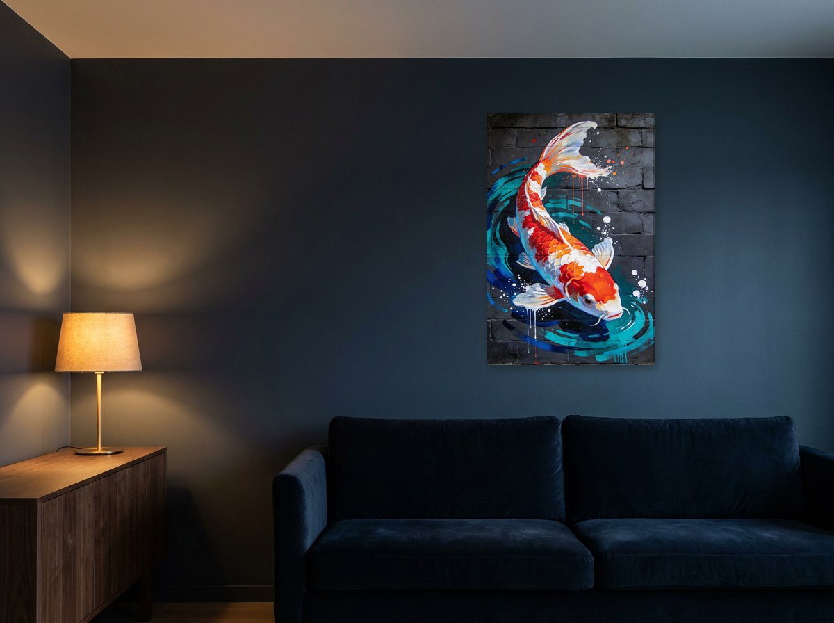 Mise en situation : toile de la koï en éclaboussures au-dessus d'un canapé en velours bleu marine, sur un mur bleu nuit éclairé par une lampe