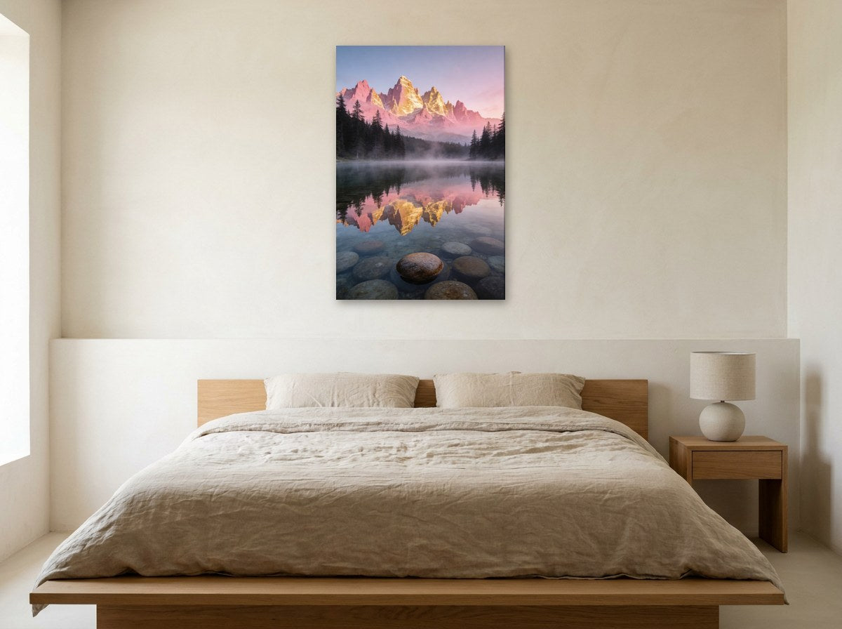 Mise en situation : toile « Lac miroir à l’aube » au-dessus d'un lit en lin beige, dans une chambre aux murs crème