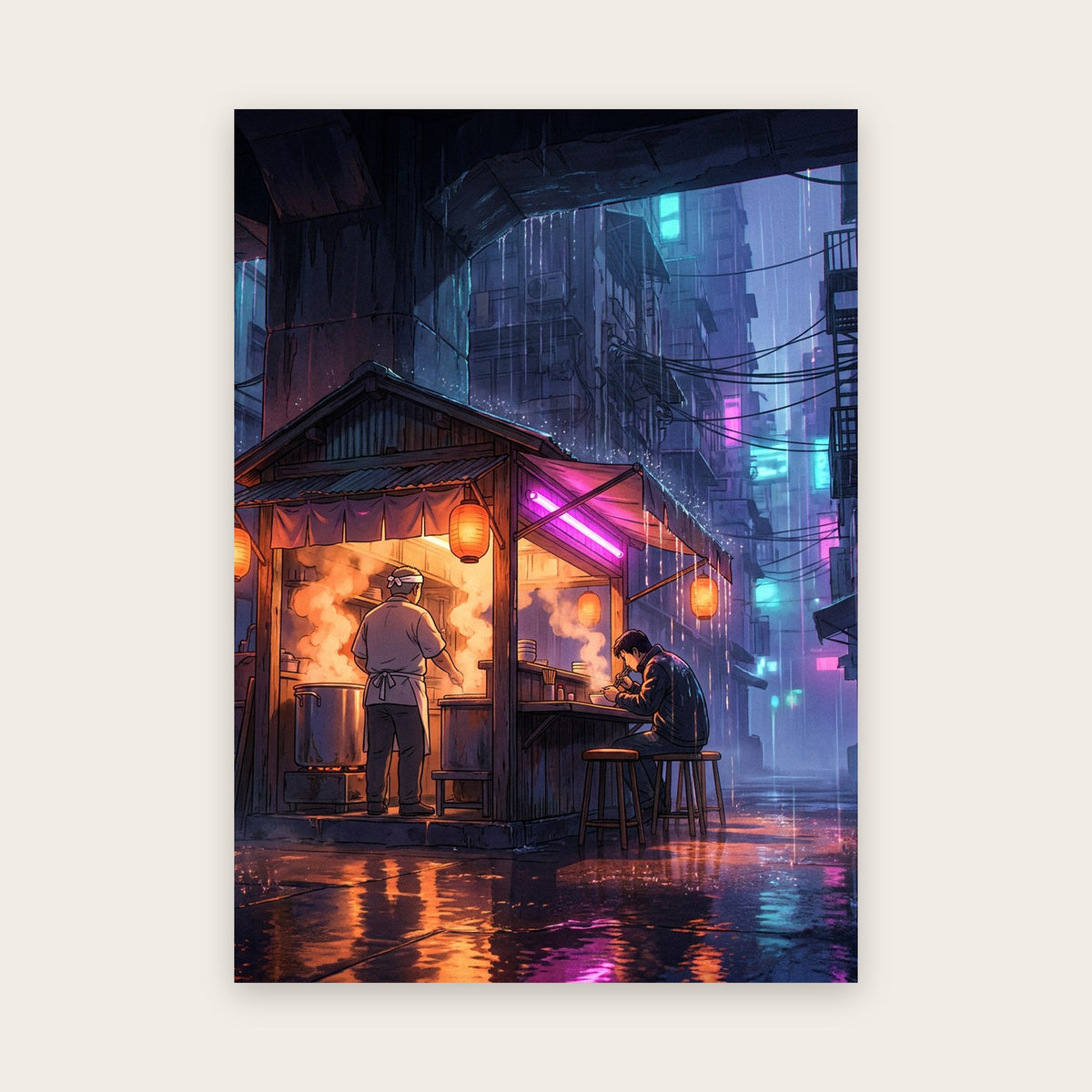 Tableau style manga : stand de ramen sous un viaduc par une nuit pluvieuse, cuisinier dans la vapeur et client seul au comptoir