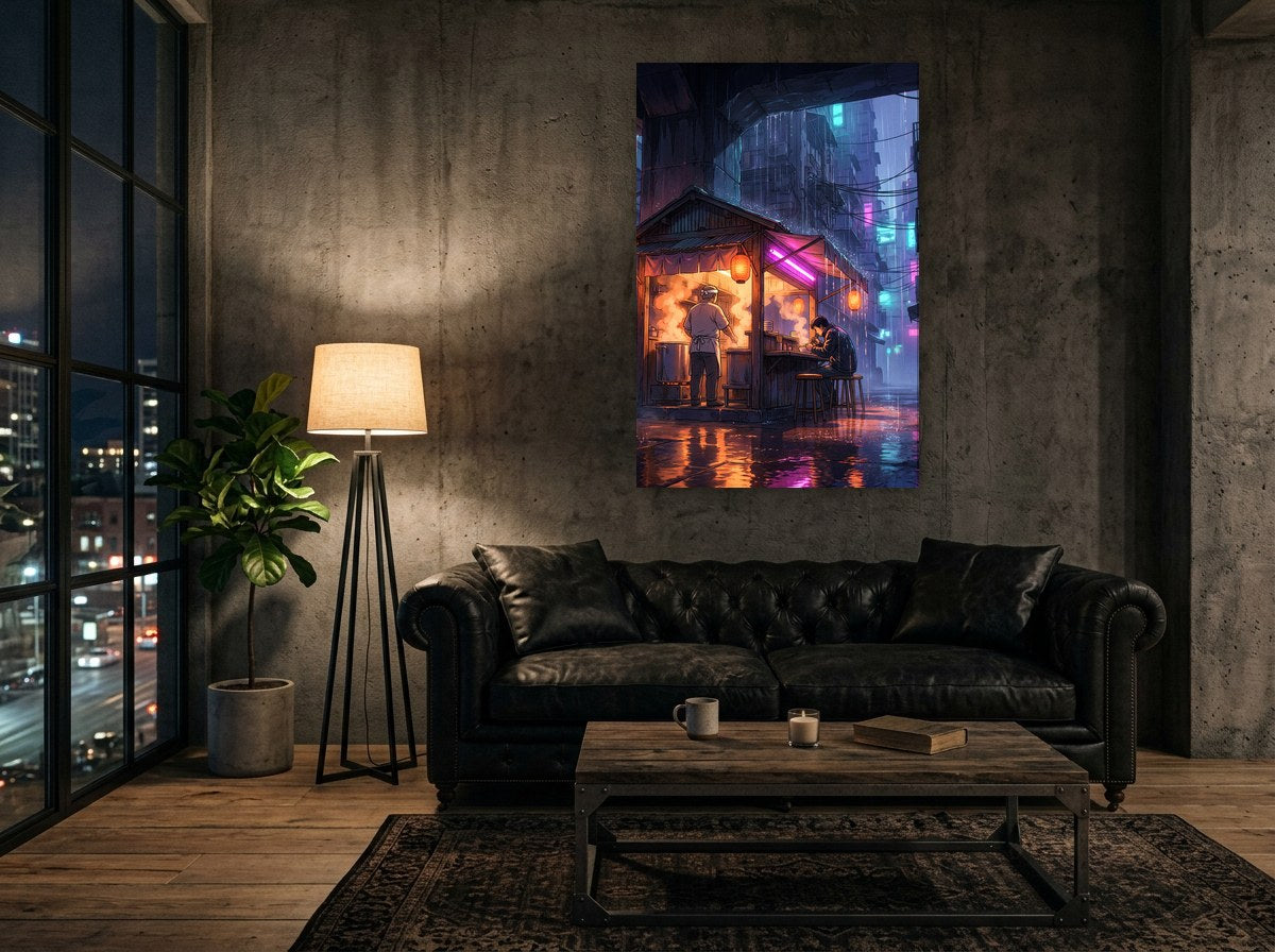 Tableau Last Ramen en situation : stand de nouilles éclairé d'orange et de magenta sous la pluie, au pied d'un viaduc la nuit
