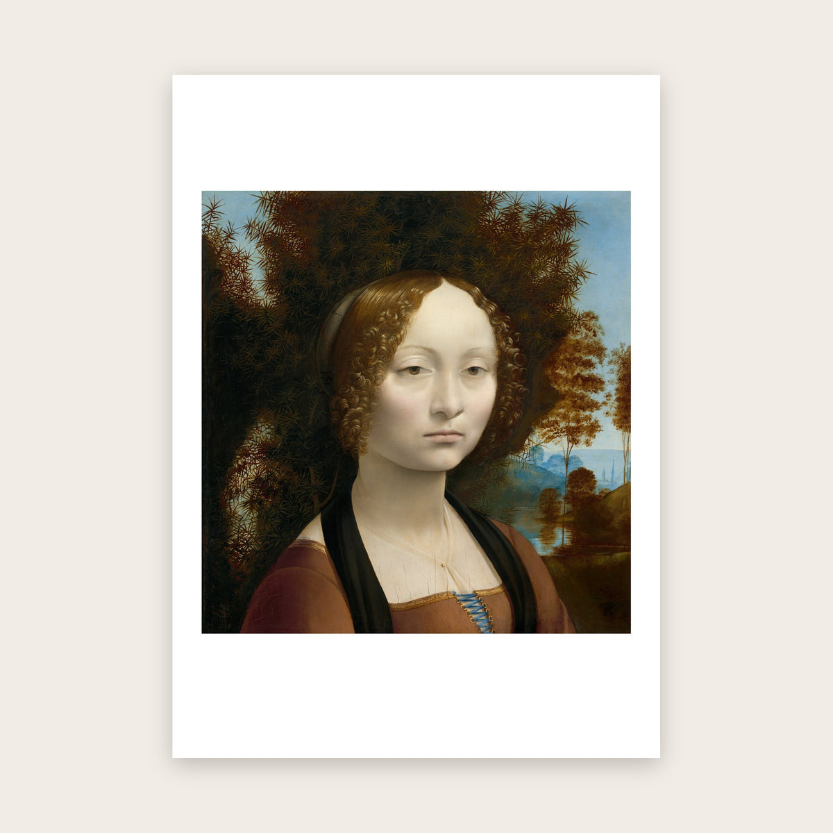 Affiche Portrait de Ginevra de' Benci d'après Léonard de Vinci : teint pâle, boucles auburn, buisson sombre, marge blanche