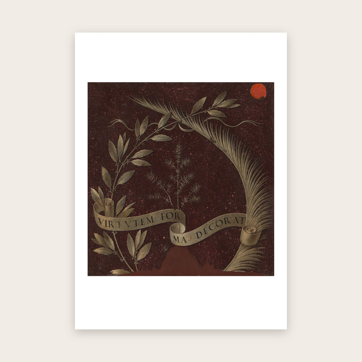 Affiche Couronne de laurier, de palme et de genévrier d'après Léonard de Vinci : banderole, fond brun-rouge, marge blanche