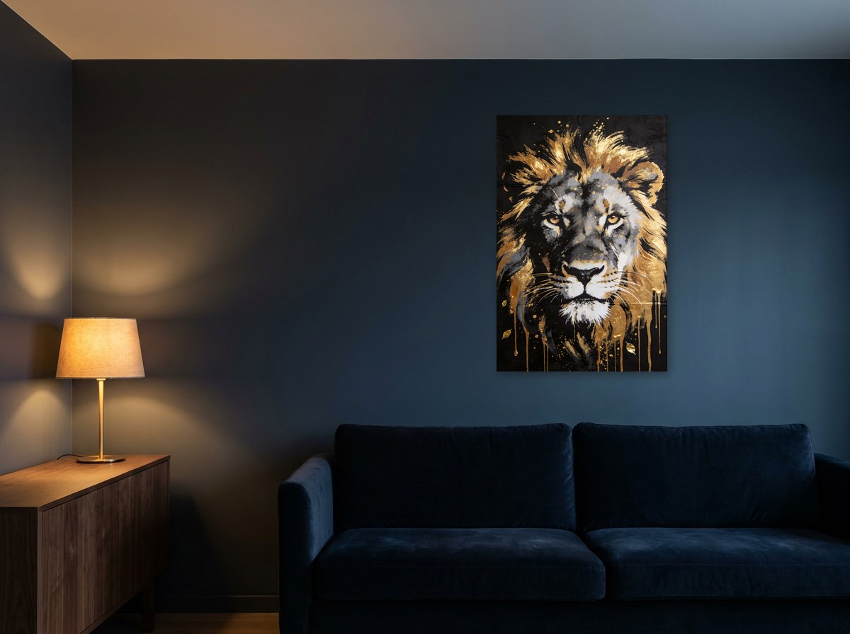 Mise en situation : toile du lion noir et or au-dessus d'un canapé en velours bleu marine, sur un mur bleu nuit éclairé par une lampe