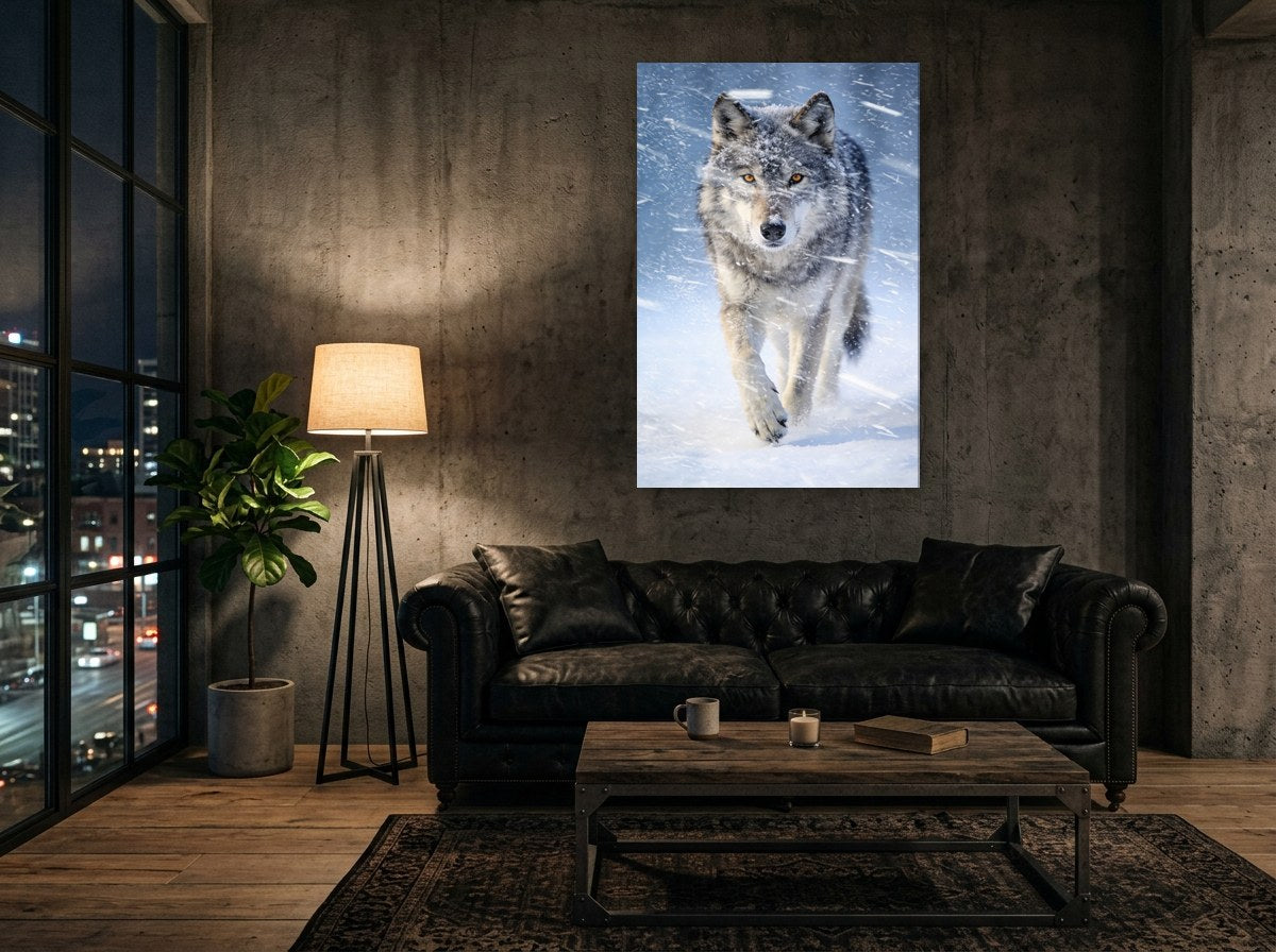Mise en situation : toile « Loup dans le blizzard » sur le mur de béton d'un loft, au-dessus d'un canapé chesterfield en cuir noir