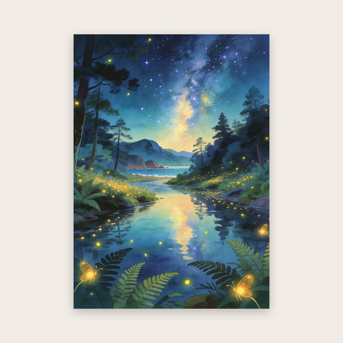 Affiche style anime : rivière de forêt la nuit reflétant la Voie lactée, lucioles dorées, fougères au premier plan