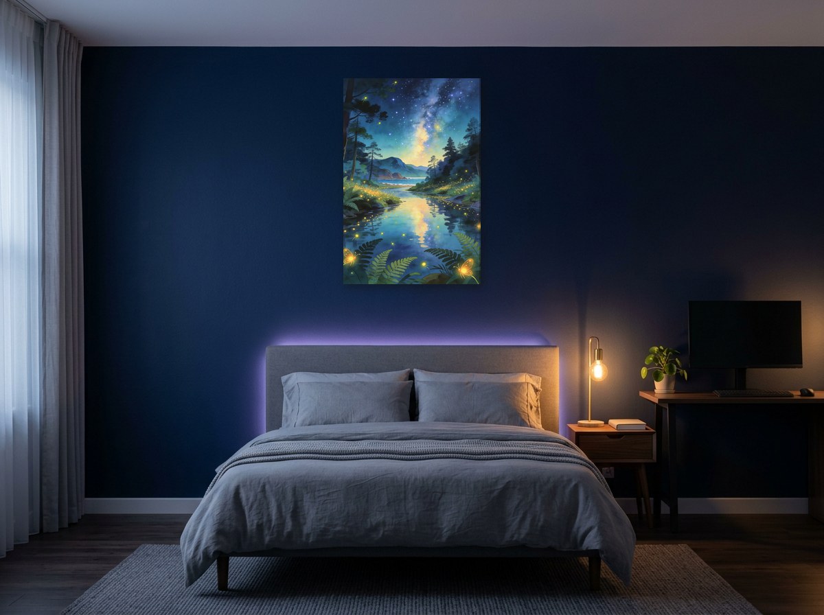Mise en situation : toile « Rivière aux lucioles » au-dessus d'un lit aux draps gris, sur le mur bleu nuit d'une chambre éclairée par une lampe de chevet