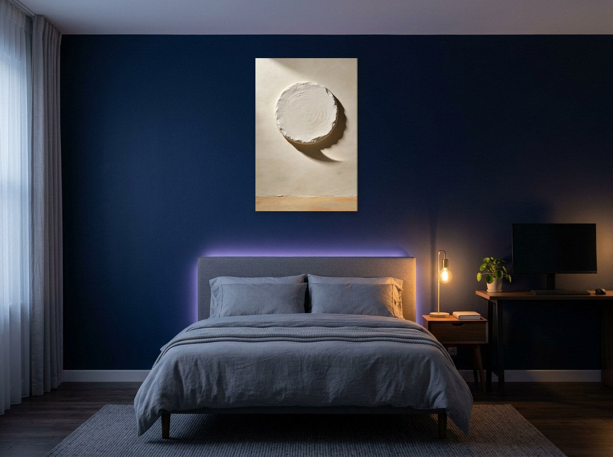 Mise en situation : toile « Lune de plâtre » au-dessus d'un lit aux draps gris, sur le mur bleu nuit d'une chambre éclairée par une lampe de chevet