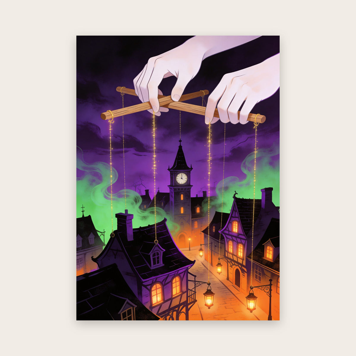 Tableau Halloween néon : deux mains géantes tiennent la croix d’un marionnettiste dont les fils d’or descendent sur une ville gothique, brume verte, ciel violet