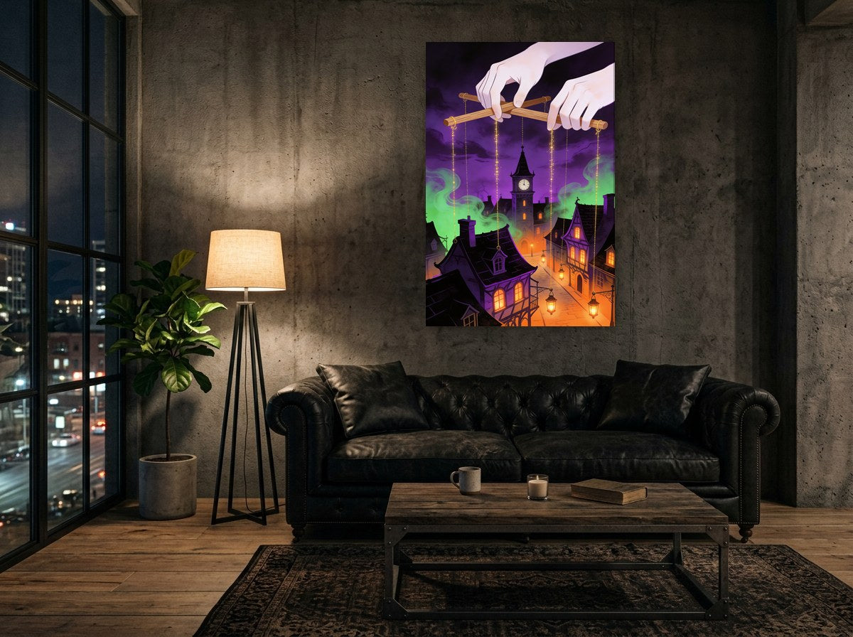 Mise en situation : toile « Le Marionnettiste » sur le mur de béton d'un loft, au-dessus d'un canapé chesterfield en cuir noir