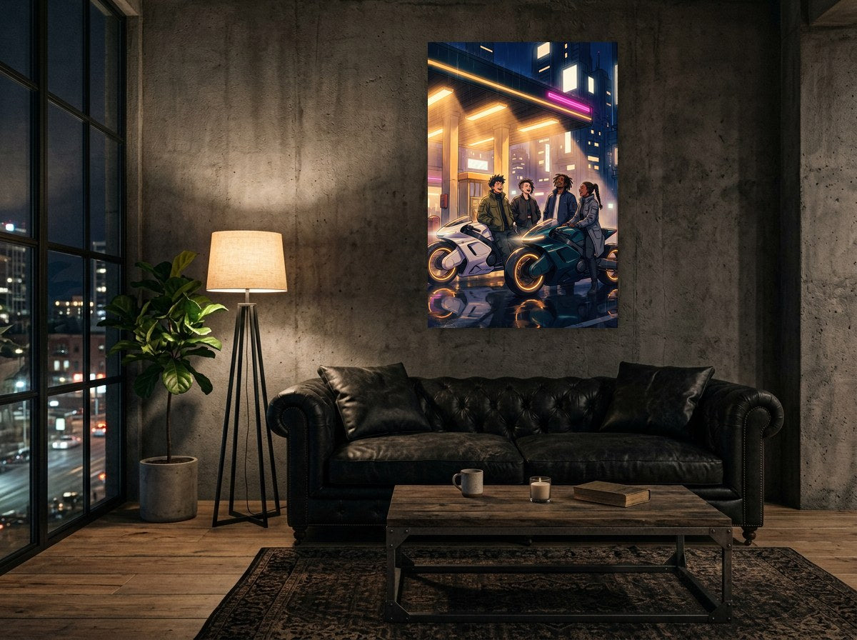 Mise en situation murale de Midnight Crew — Neon Pulse 23 : quatre amis et deux motos sous un auvent doré, la nuit