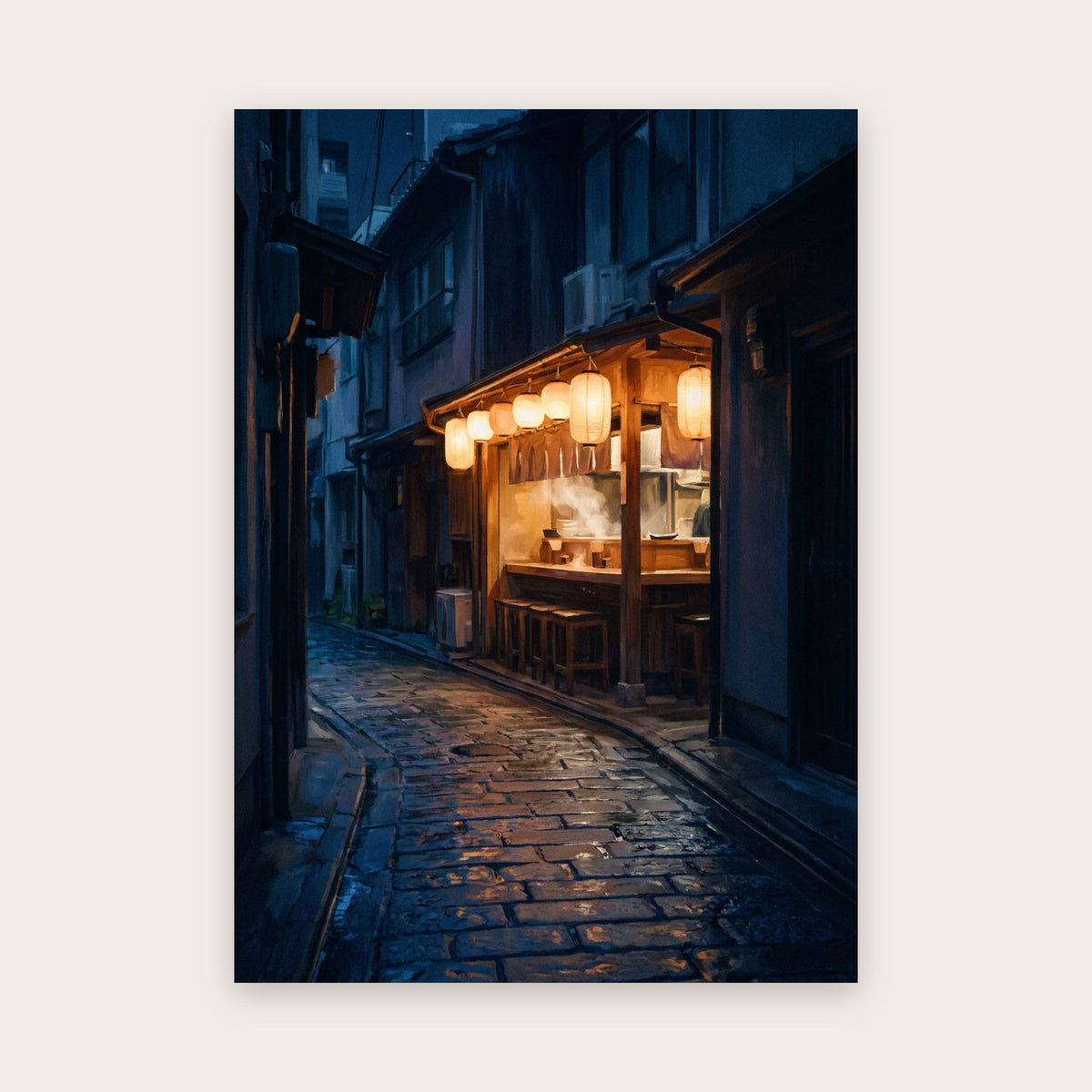 Tableau japonais moderne : ruelle de nuit aux pavés mouillés, comptoir de ramen éclairé par des lanternes, vapeur et tabourets en bois