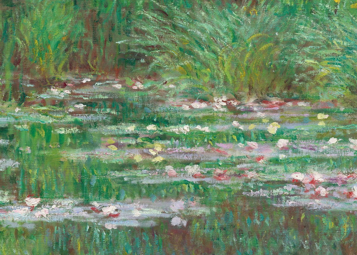 Détail du Bassin aux nymphéas (Monet) : fleurs blanches, roses et jaunes parmi les feuilles, roseaux au-dessus