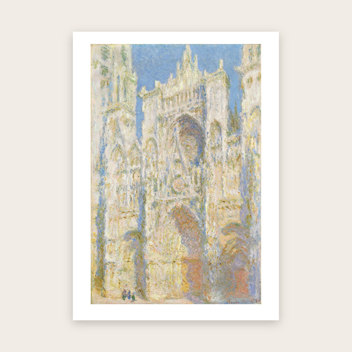 Affiche La Cathédrale de Rouen, le portail, soleil d'après Monet : façade crème, ombres bleues, ciel bleu, marge blanche
