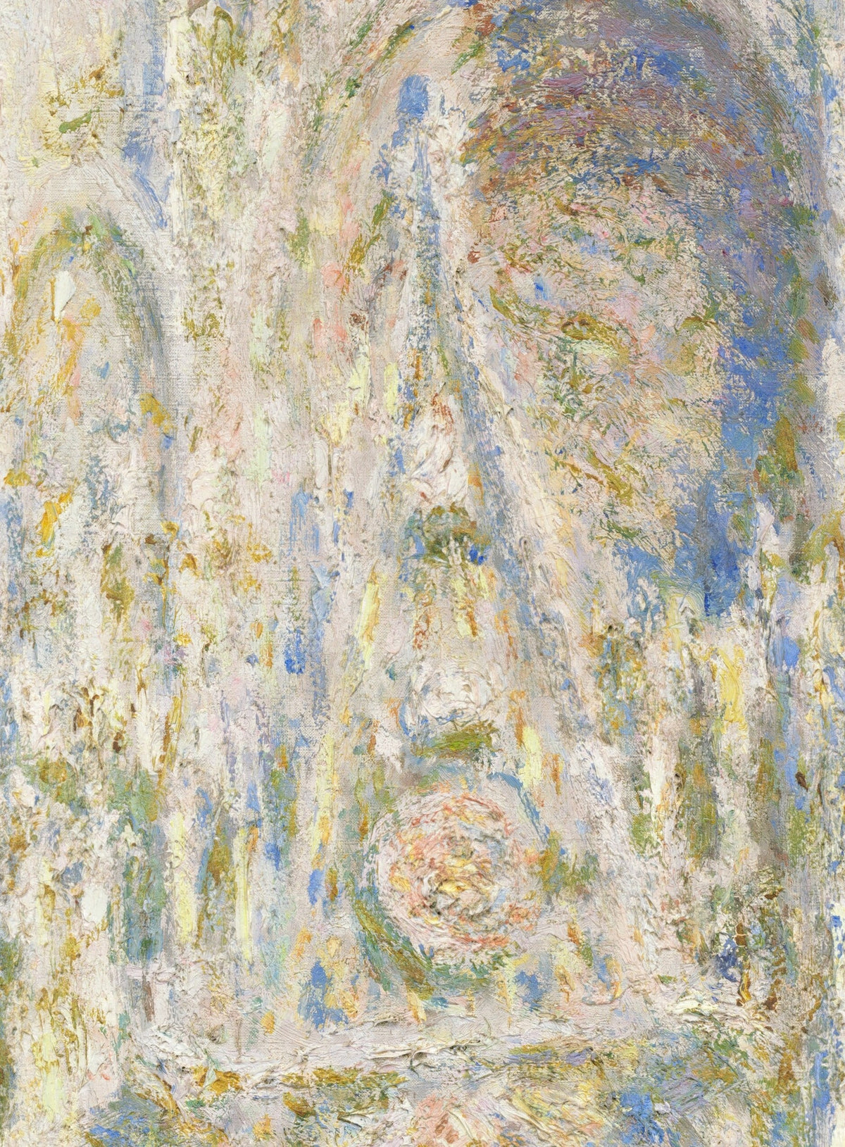 Détail de La Cathédrale de Rouen, le portail, soleil (Monet) : pierre en épaisses touches crème, jaunes, roses et bleues