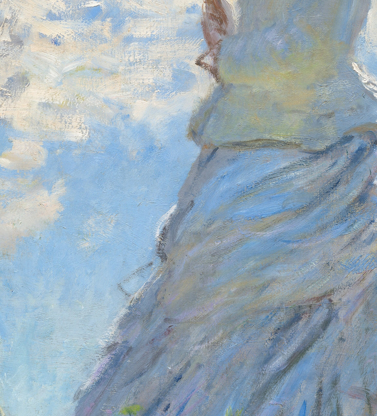 Détail de La Femme à l'ombrelle (Monet) : robe blanche aux reflets bleus et mauves gonflée par le vent, ciel nuageux