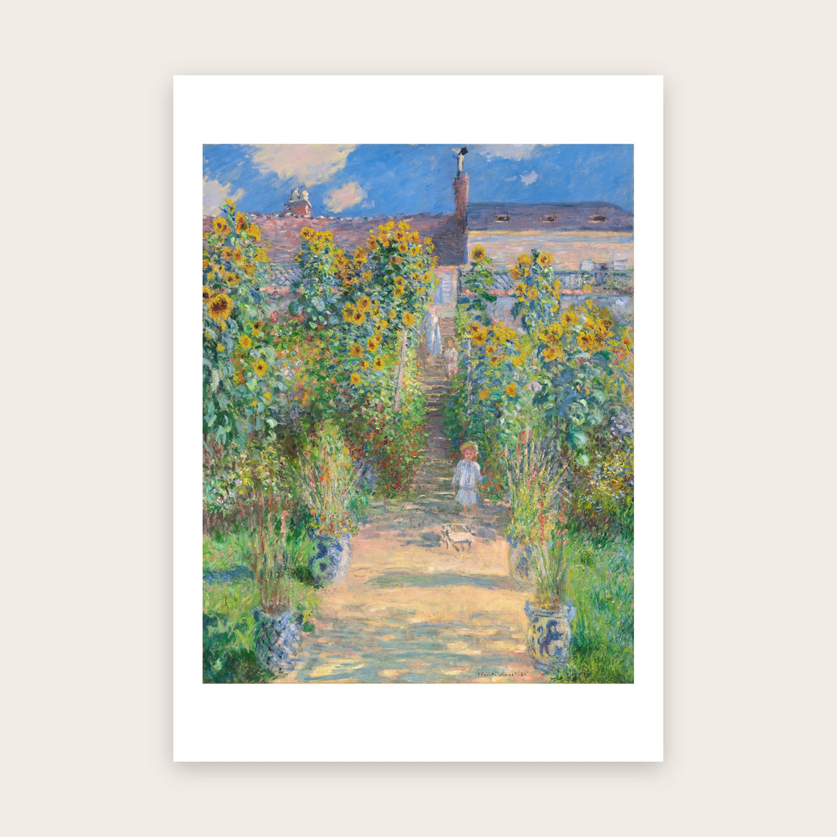 Affiche Le Jardin de Monet à Vétheuil d'après Monet : allée de tournesols, pots bleu et blanc, enfant en blanc, marge blanche