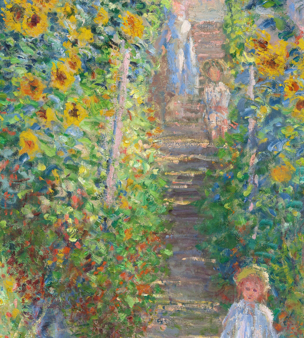 Détail du Jardin de Monet à Vétheuil (Monet) : escalier entre les tournesols, une femme et deux enfants vêtus de clair