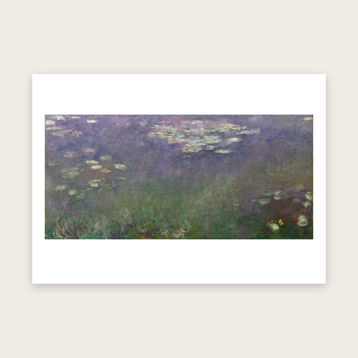 Affiche Nymphéas (L'Agapanthe) d'après Monet : nymphéas sur une eau mauve, reflets verts, format panoramique, marge blanche