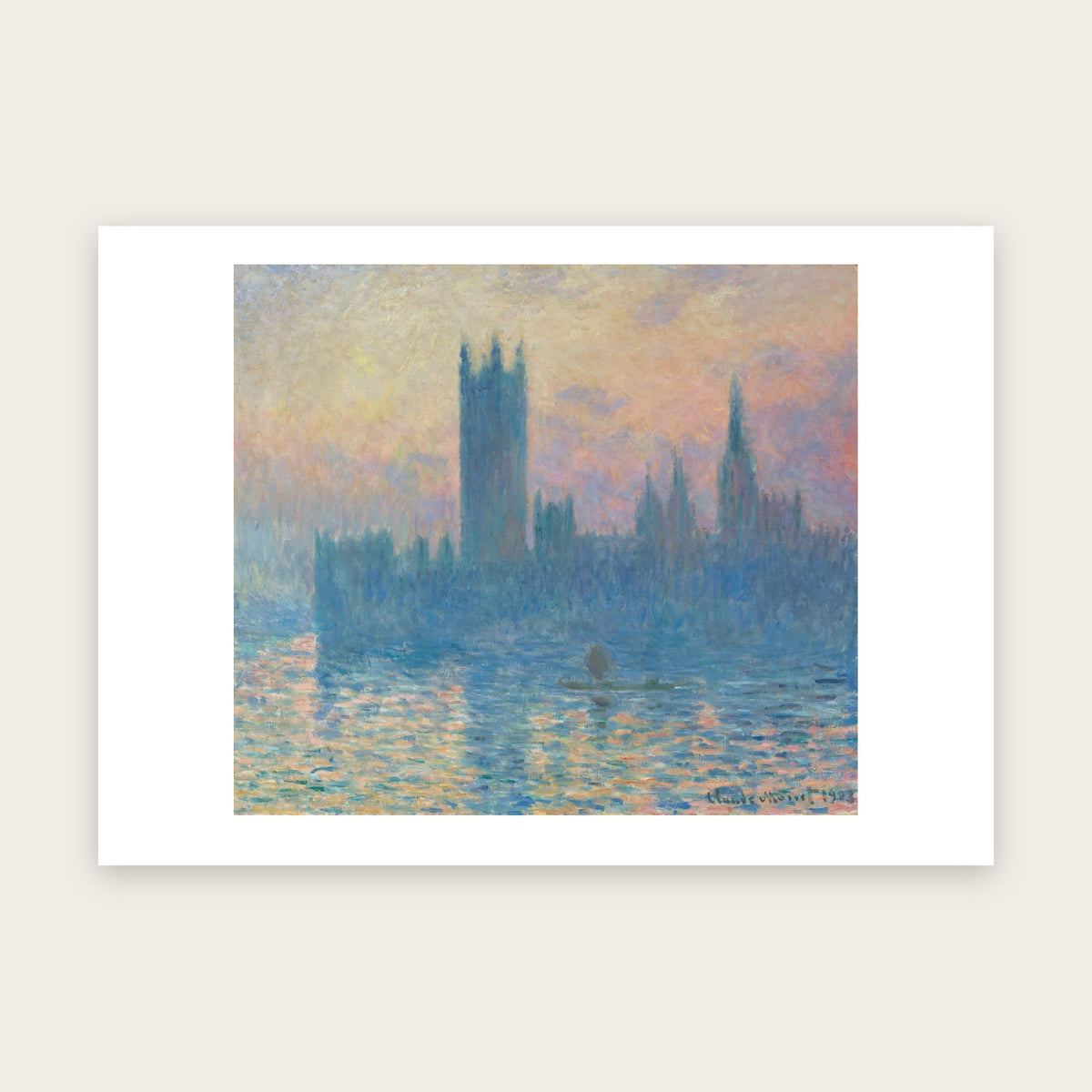 Affiche Le Parlement de Londres, soleil couchant d'après Monet : silhouette bleue, ciel jaune et rose, marge blanche