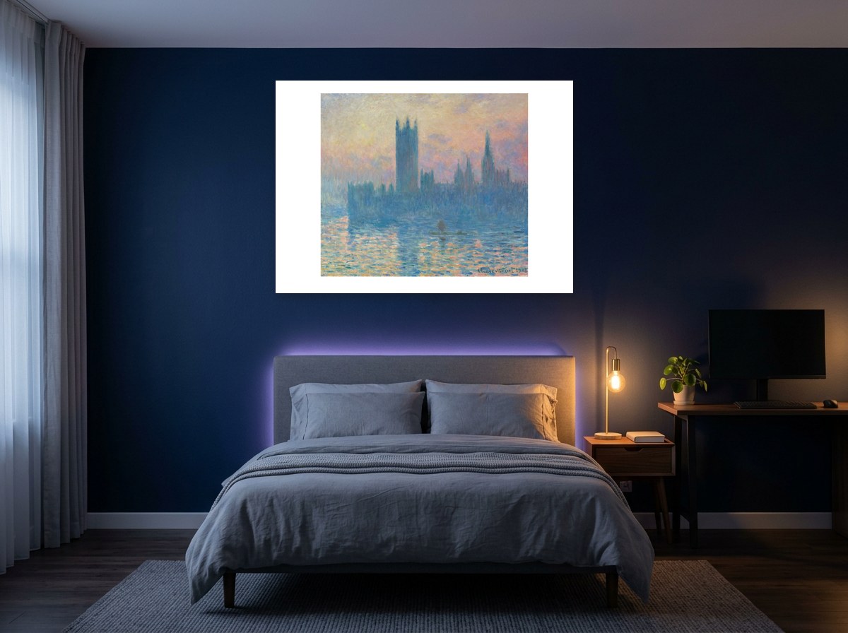 Mise en situation : affiche Le Parlement de Londres, soleil couchant au mur bleu nuit d'une chambre, au-dessus du lit
