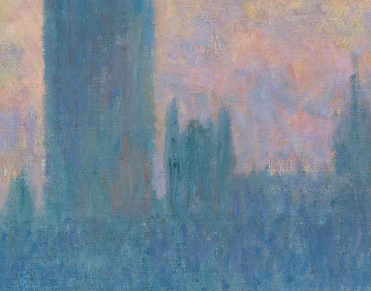 Détail du Parlement de Londres, soleil couchant (Monet) : grande tour et clochetons bleutés dans la brume rose