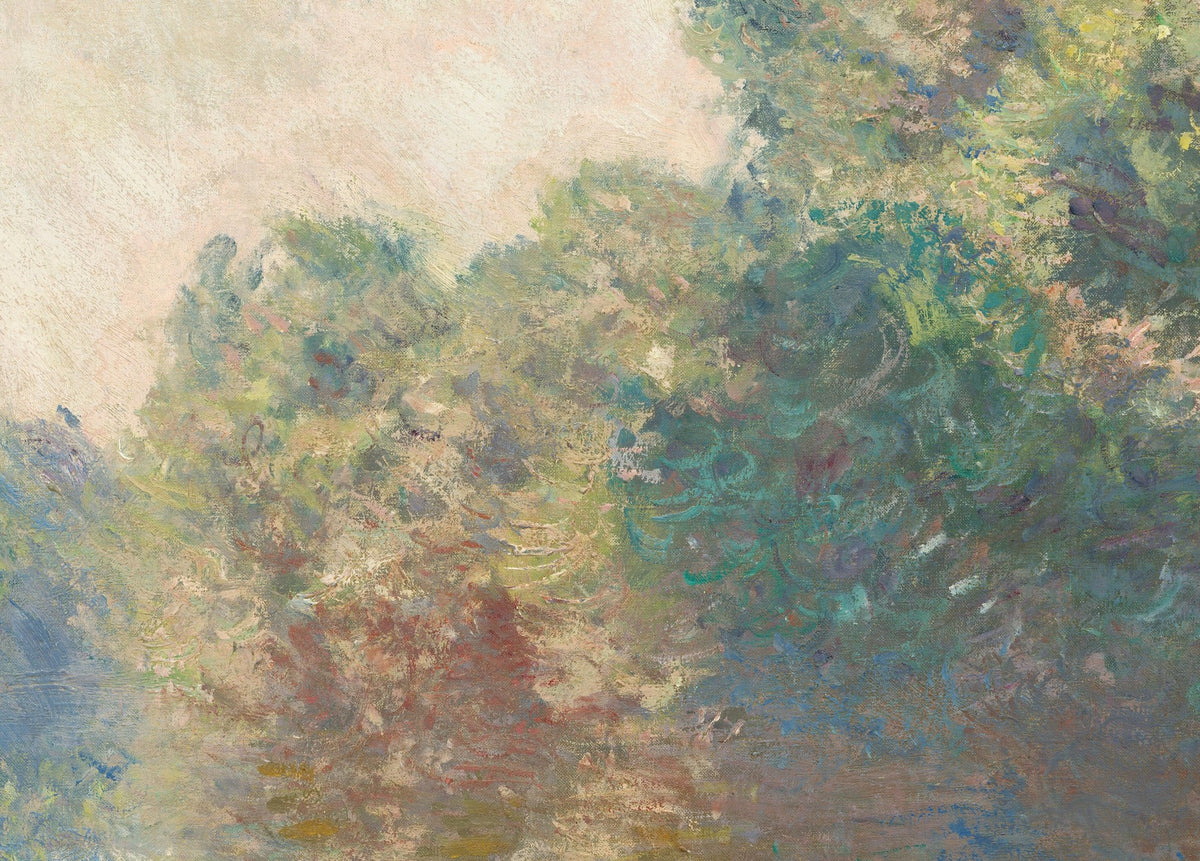 Détail de La Seine à Giverny (Monet) : feuillages verts, bleus et roux en touches vives sous le ciel rosé
