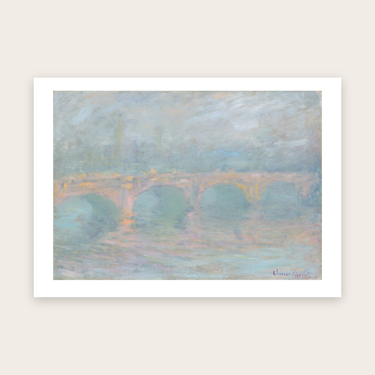 Affiche Waterloo Bridge, effet rose d'après Monet : arches roses du pont dans la brume bleu-vert, eau pastel, marge blanche