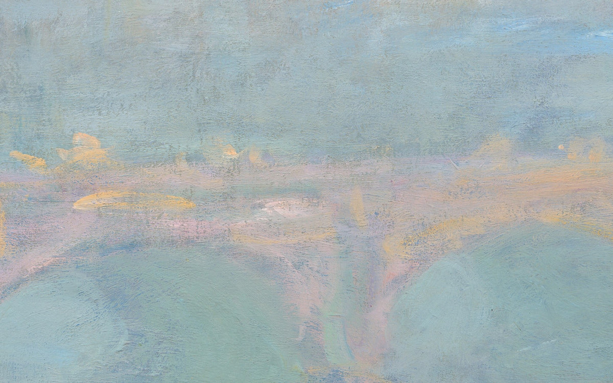 Détail de Waterloo Bridge, effet rose (Monet) : arches et pile du pont en rose et orangé dans la brume bleu-vert